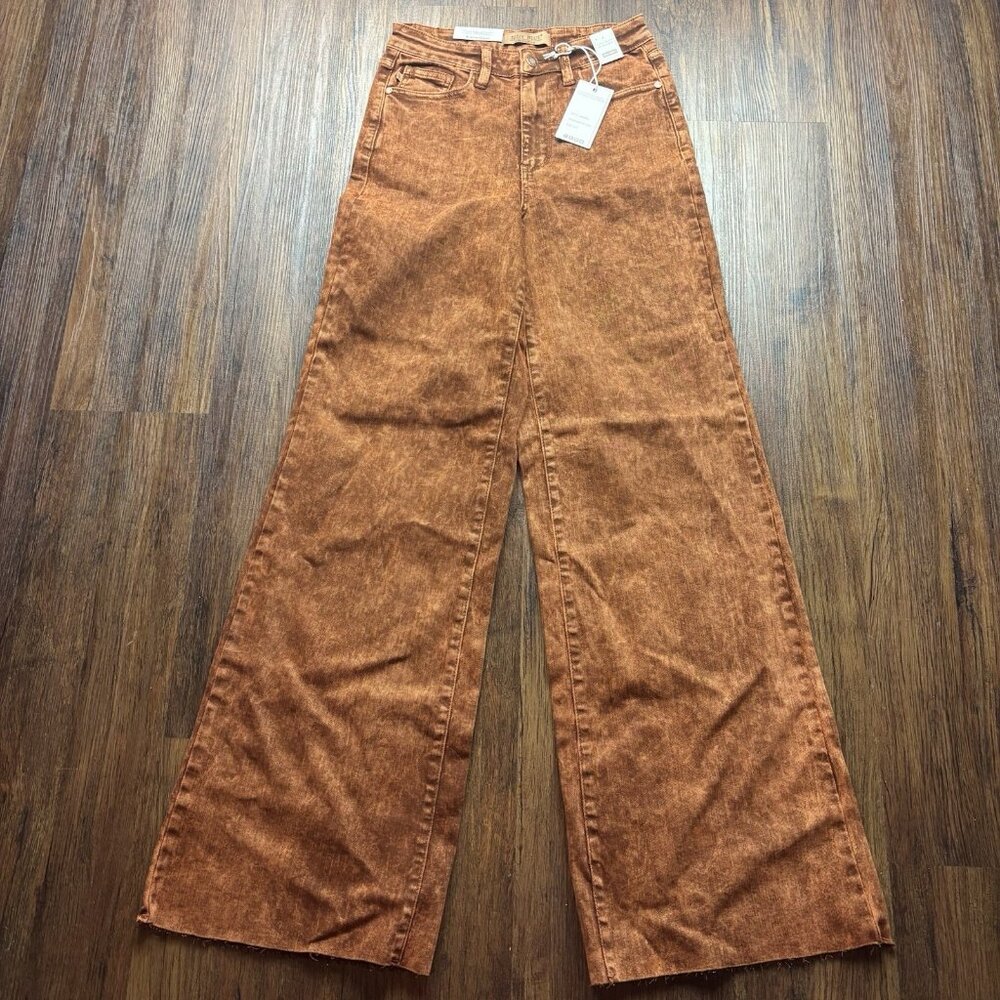 NWT Judy Blue Retro Wide Leg Jeans Garment Dyed Pumpkin Spice Raw Hem Size 5/27 - Picture 1 of 14